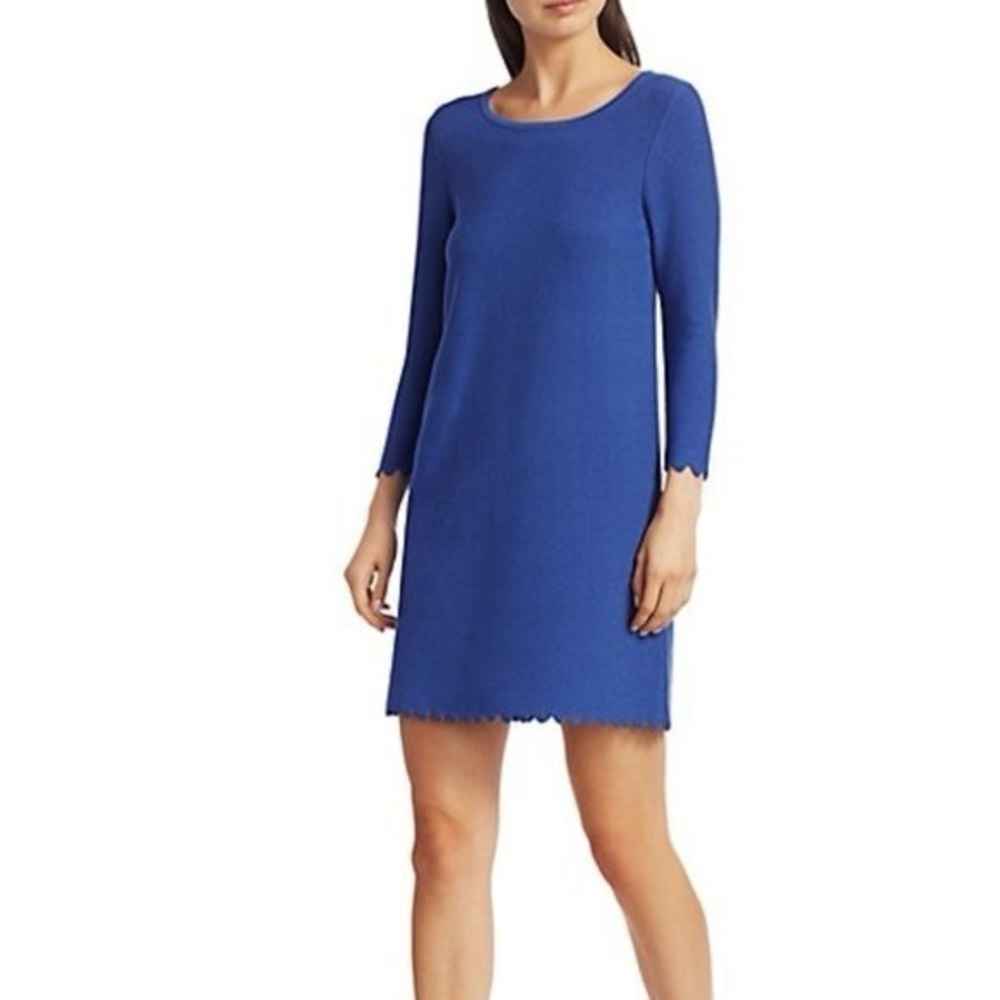 Milly‎ Scallop Hem A-Line Long Sleeve Knit Shift Dress Royal French Blue